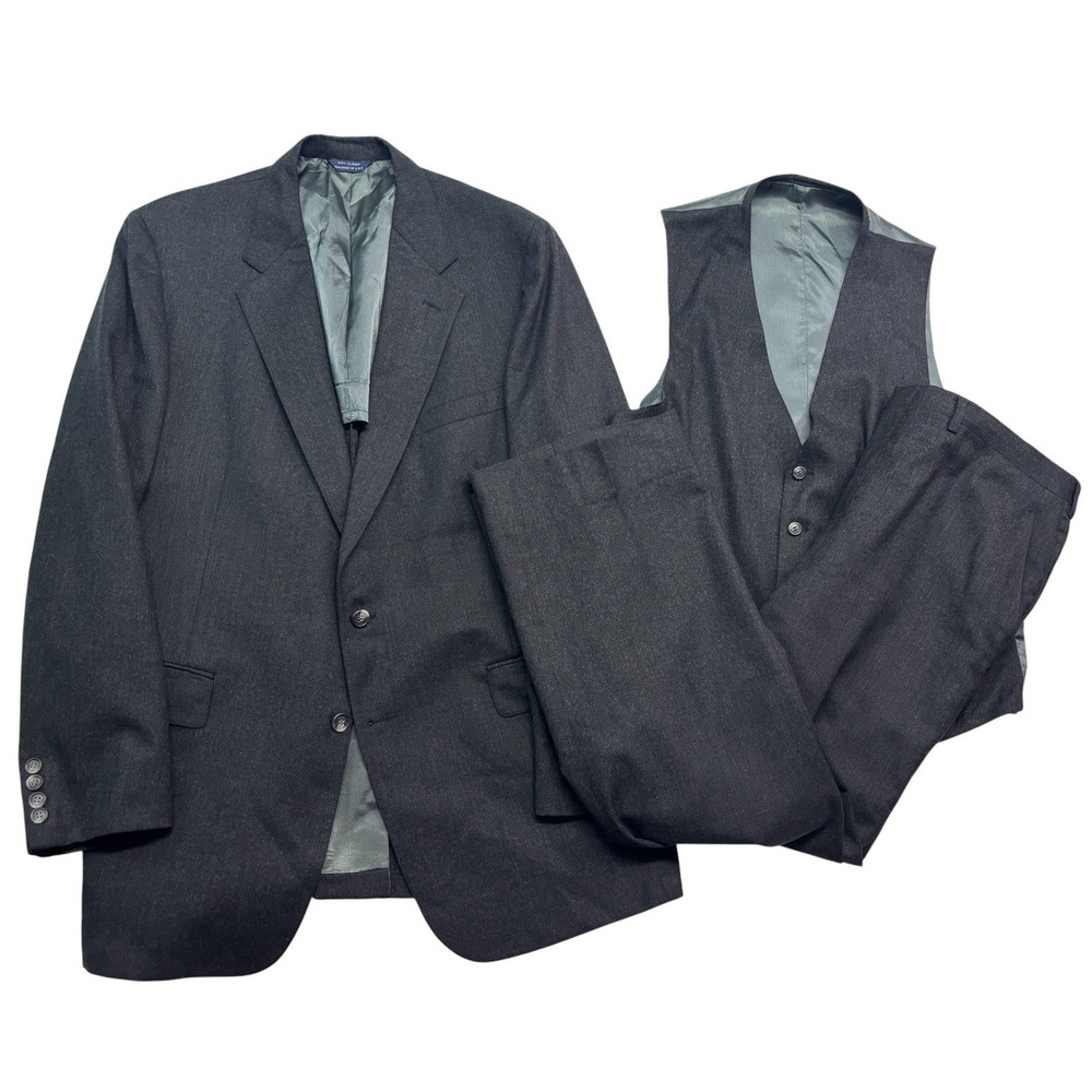 vtg Cricketeer USA 44R 38x30 Charcoal 3pc Pant Suit Flannel Wool Vest High Waist